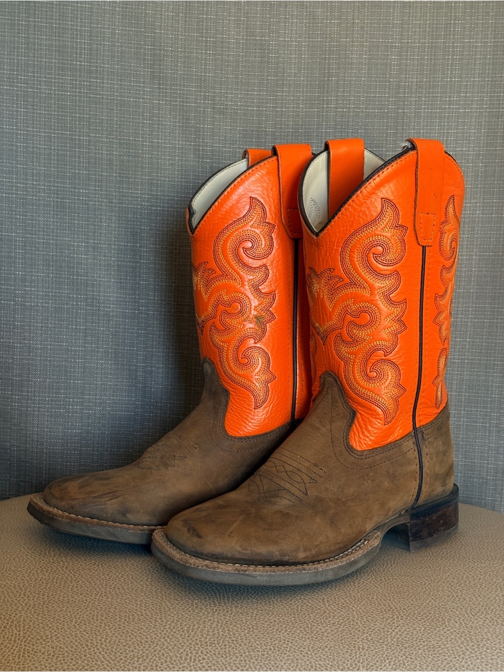 Old West Kids Orange and Brown Six-Row Stitch Western Boots - Picture 2 of 12